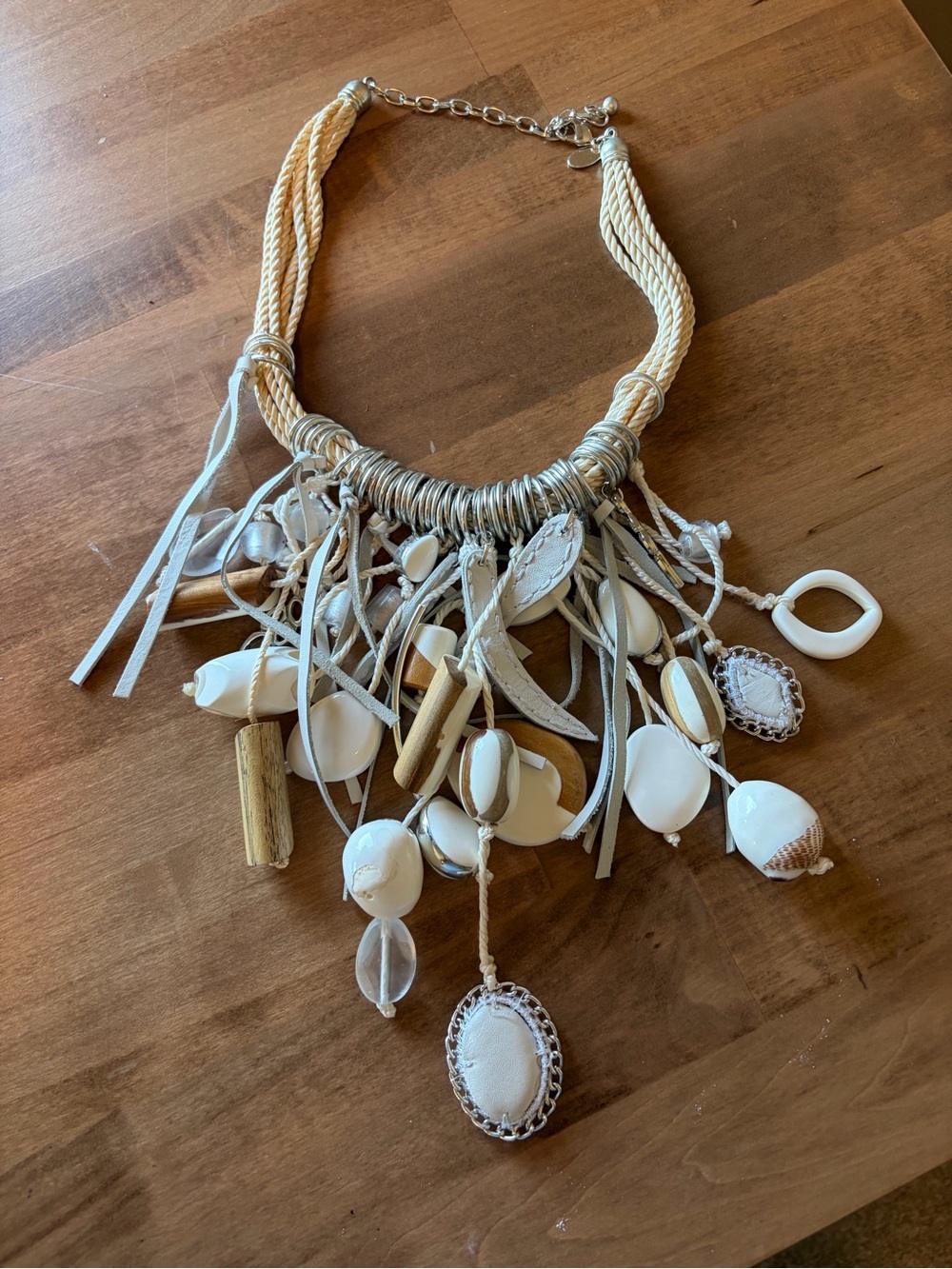 Chico’s Boho Coastal Statement Necklace – Mixed Media Shell & Wood Fringe Design - Picture 2 of 6